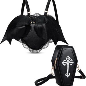 2 Pcs Gothic Purse Bat Wings PU Leather Crossbody Coffin Shape Wallet Handbags N